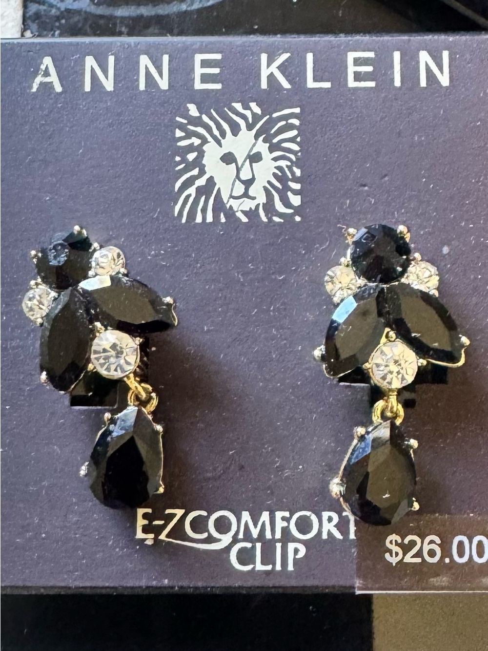 Anne Klein Black and Clear Crystal Drop Clip-On Earrings